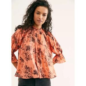 Free People Floral Print Peach Orange Tied Keyhole Back Blouse Size XL